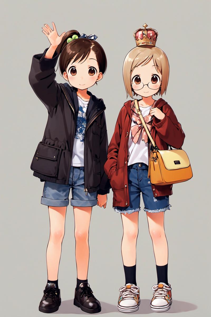 25792-3505063378-Chika Itou, Matsuri Sakuragi, multiple girls, 2girls, shoes, glasses, brown hair, shorts, bag, socks, short hair, crown, handbag.png